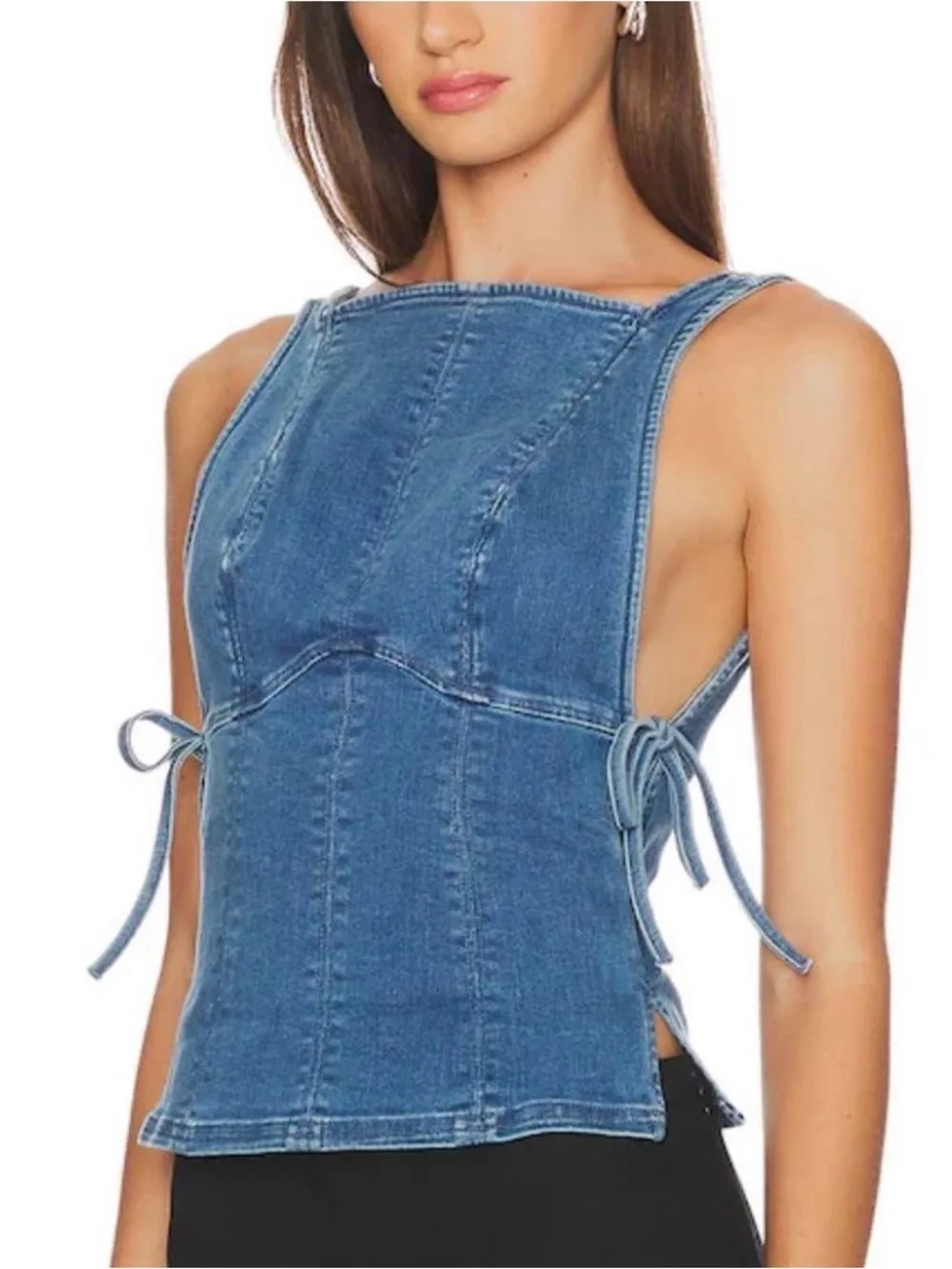 Free People Blue Denim Lace-Up Tank Top